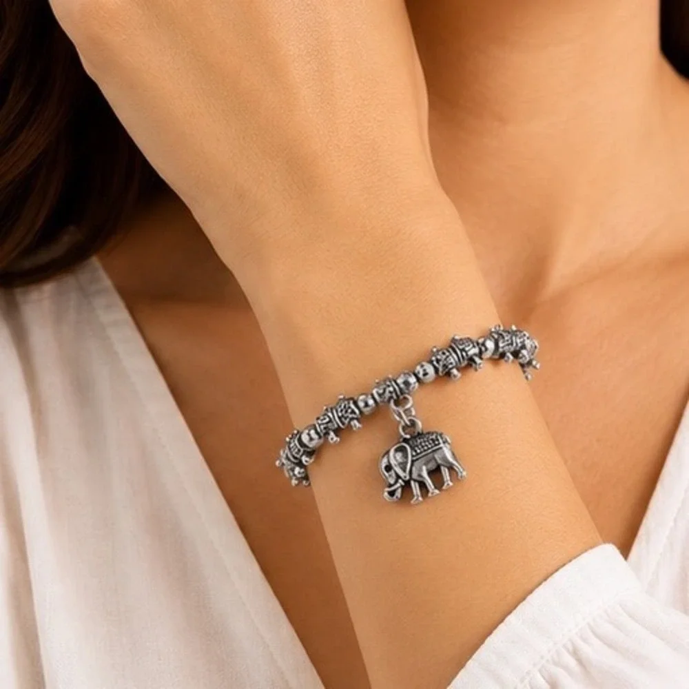Bohemian Oxidized Silver Tone Elephant Charm Stretch Bead Bracelet Womens